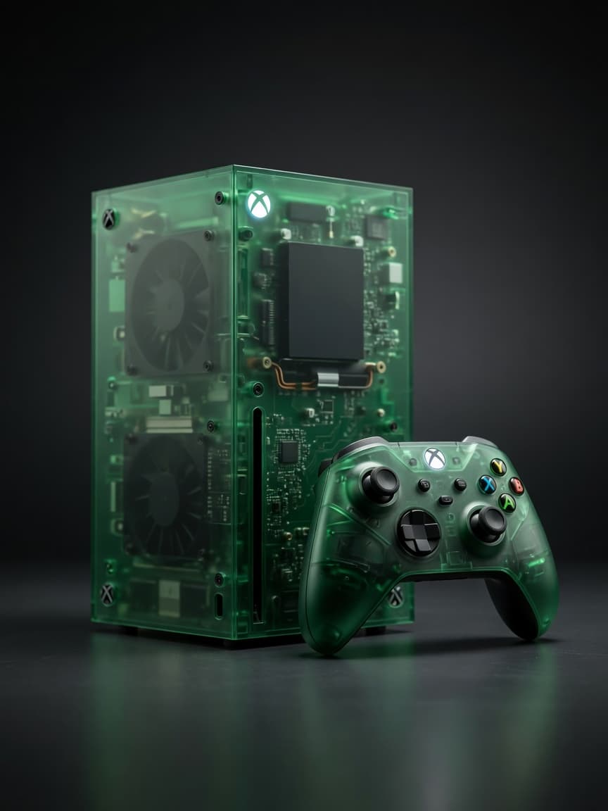 Close-up cinematográfico de um controle de videogame Xbox sobre uma mesa de escritório minimalista com iluminação dramática azul e branca, foco nítido, estilo de fotografia de negócios de tecnologia.