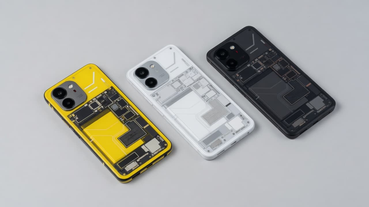 Close-up fotográfico de alta qualidade de um Nothing Phone em uma superfície minimalista, destacando a textura do corpo plástico e a luz suave dos LEDs da interface Glyph, estilo editorial de tecnologia, iluminação suave com sombras marcadas, lente macro, sem texto na imagem.